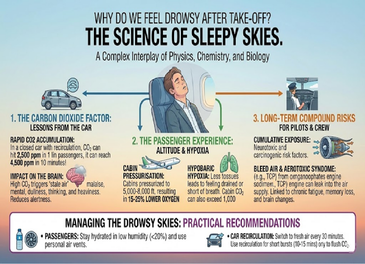 Why do we feel drowsy after the airplane takes off?